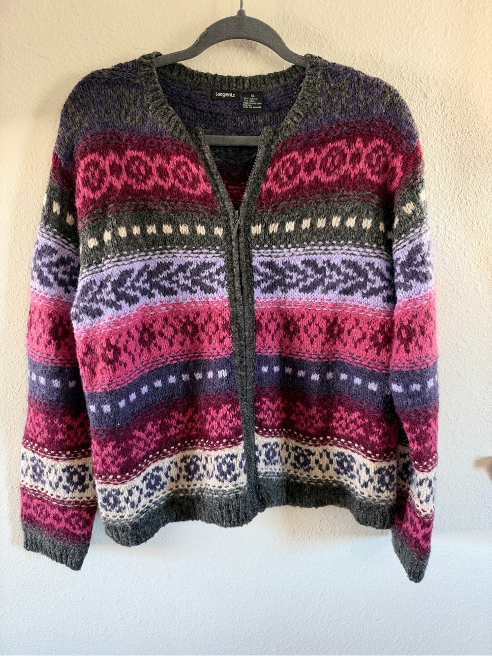 Vintage Tangents Wool Blend Fair Isle Zip Up Sweater Womens Size XL